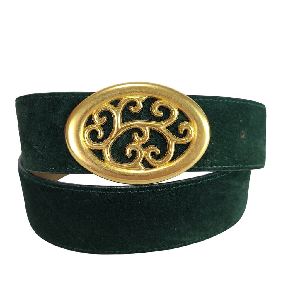 Talbots Womens Green Genine Suede Belt w Beautiful Gold Scroll Buckle Size M